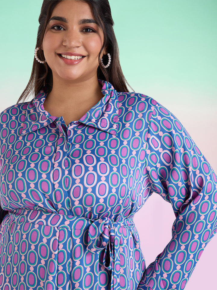 Geometric Printed Satin Shirt Dress