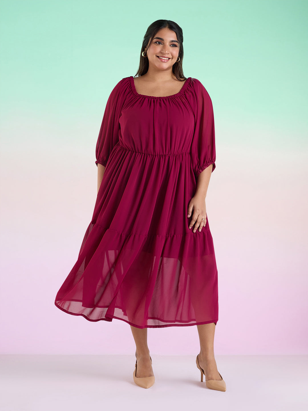 Wine Tiered Georgette Dress