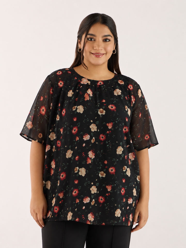 Printed Top With Pleated Neckline | XL-7XL
