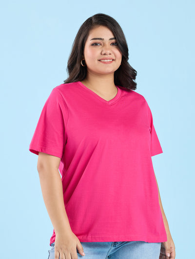 Plus Size Pink V Neck T-Shirt | XL-7XL