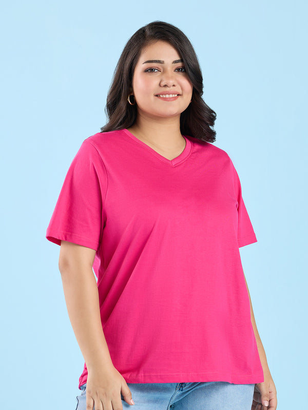 Plus Size Pink V Neck T-Shirt | XL-7XL