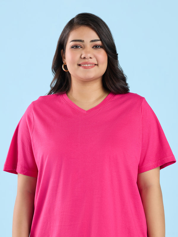 Plus Size Pink V Neck T-Shirt | XL-7XL